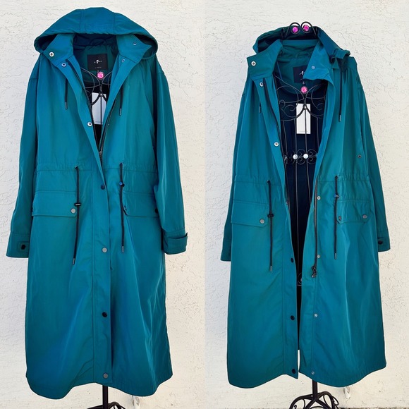 NWT Emerald Green Utility Hooded Long Overcoat Rain Coat Jacket Unisex Sz M - Picture 2 of 9
